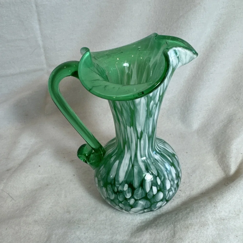 Hand Blown Green Glass White Stretched Splatter 4.5